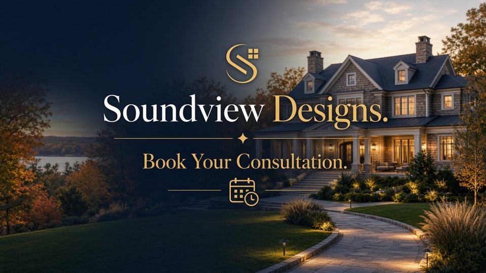 Soundview Designs YouTube thumbnail: Book Your Consultation over a Long Island home at dusk
