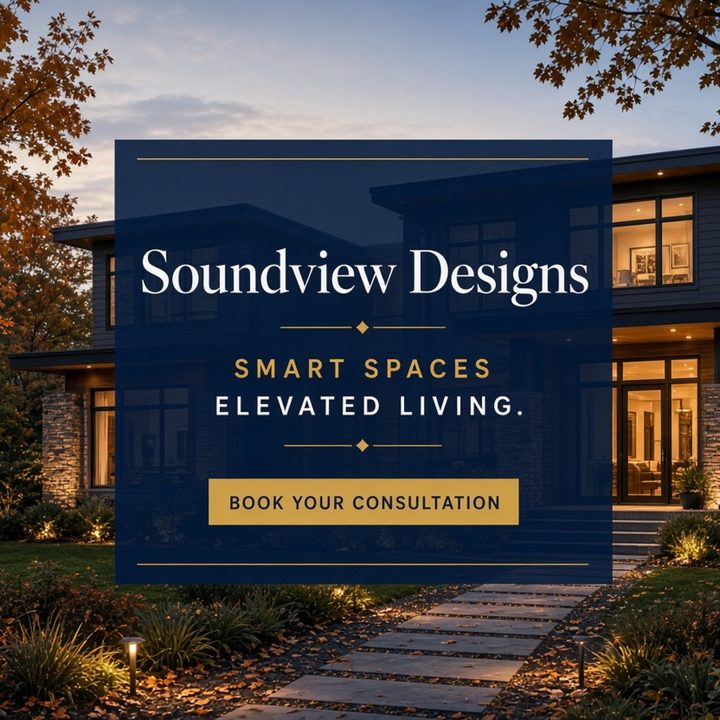 Soundview Designs square social ad: Smart Spaces, Elevated Living